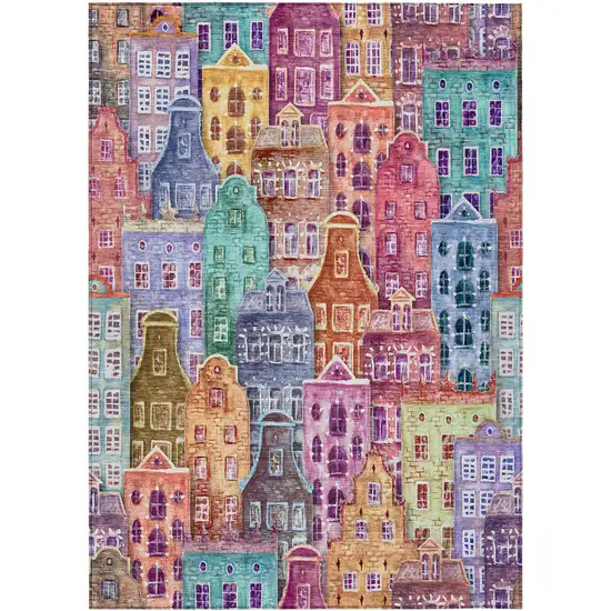 Red Gold And Teal Blue Village Houses Washable Indoor Outdoor Area Rug Photo 2