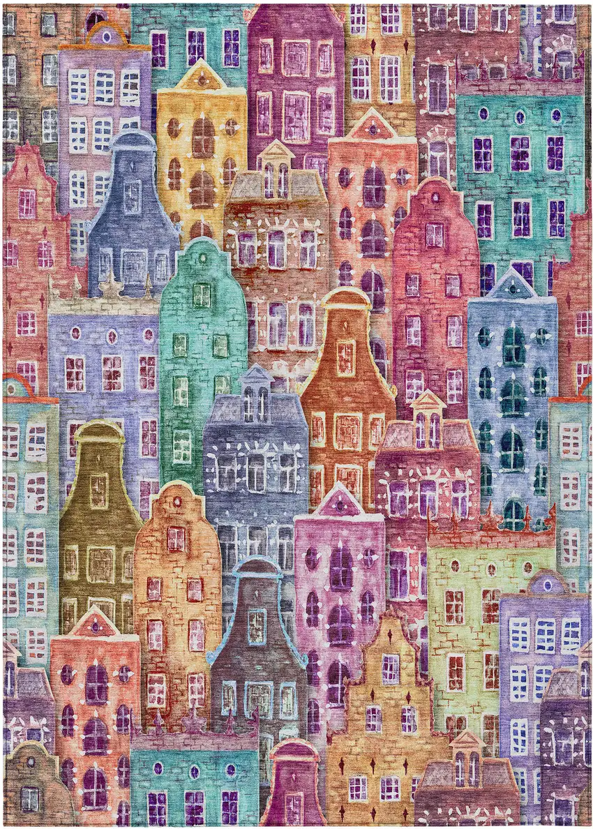 Red Gold And Teal Blue Village Houses Washable Indoor Outdoor Area Rug Photo 2