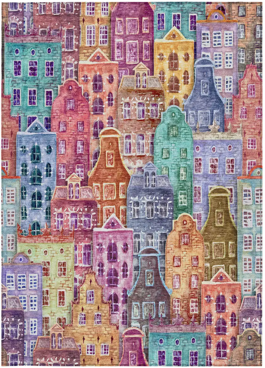 Red Gold And Teal Blue Village Houses Washable Indoor Outdoor Area Rug Photo 7
