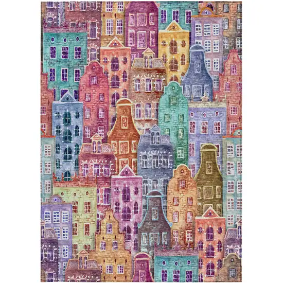 Red Gold And Teal Blue Village Houses Washable Indoor Outdoor Area Rug Photo 7