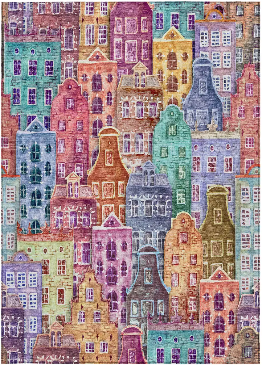 Red Gold And Teal Blue Village Houses Washable Indoor Outdoor Area Rug Photo 7