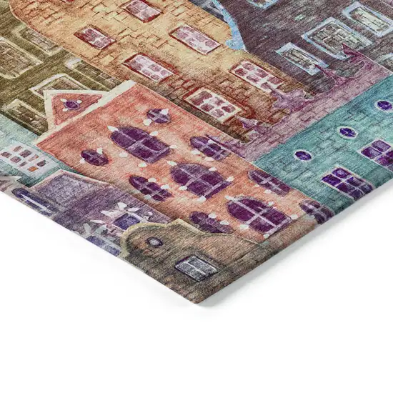 Red Gold And Teal Blue Village Houses Washable Indoor Outdoor Area Rug Photo 5