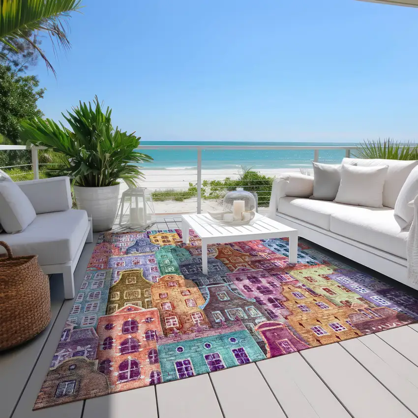 Red Gold And Teal Blue Village Houses Washable Indoor Outdoor Area Rug Photo 9