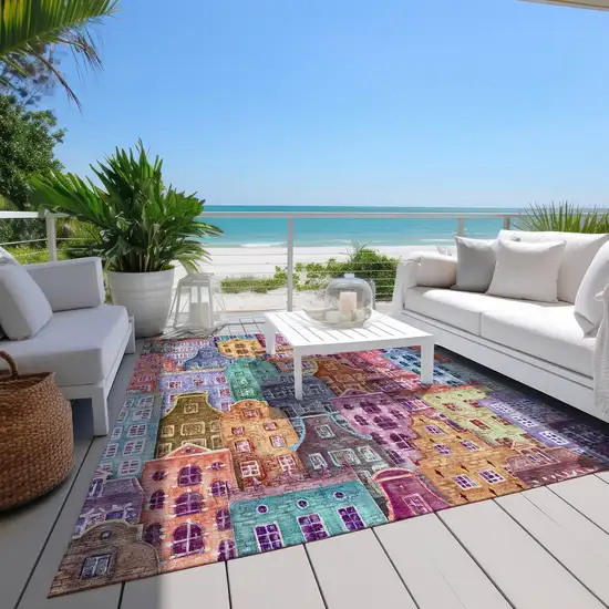 Red Gold And Teal Blue Village Houses Washable Indoor Outdoor Area Rug Photo 8