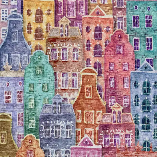 Red Gold And Teal Blue Village Houses Washable Indoor Outdoor Area Rug Photo 4