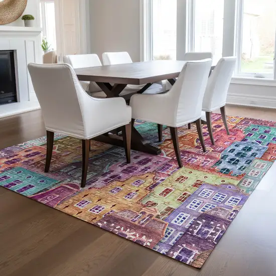 Red Gold And Teal Blue Village Houses Washable Indoor Outdoor Area Rug Photo 8