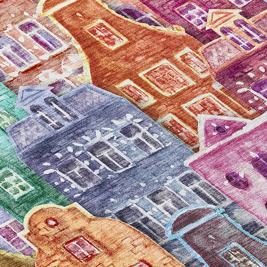 Red Gold And Teal Blue Village Houses Washable Indoor Outdoor Area Rug Photo 5
