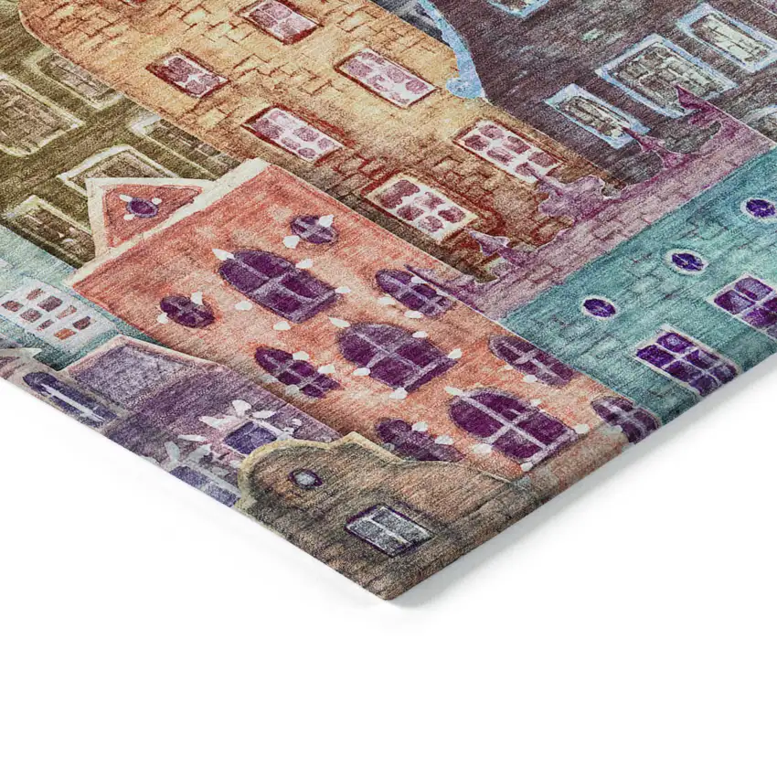 Red Gold And Teal Blue Village Houses Washable Indoor Outdoor Area Rug Photo 3