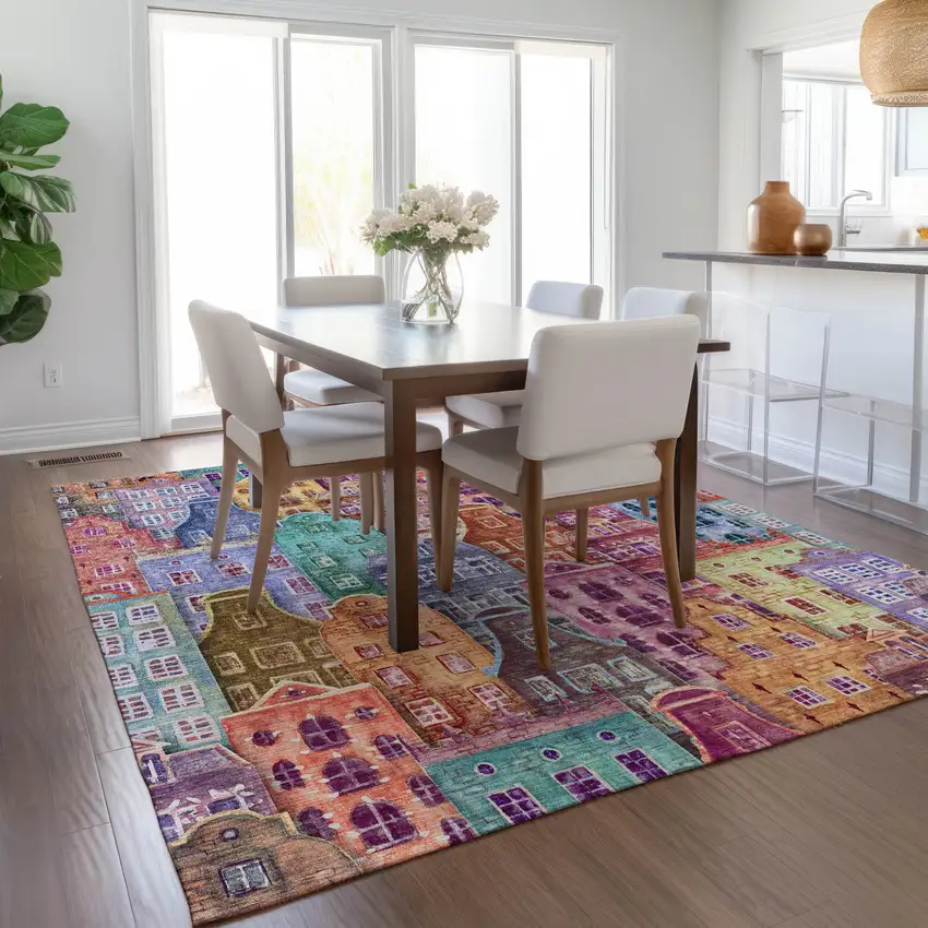 Red Gold And Teal Blue Village Houses Washable Indoor Outdoor Area Rug Photo 9