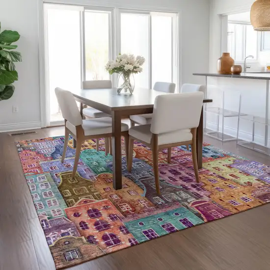 Red Gold And Teal Blue Village Houses Washable Indoor Outdoor Area Rug Photo 9