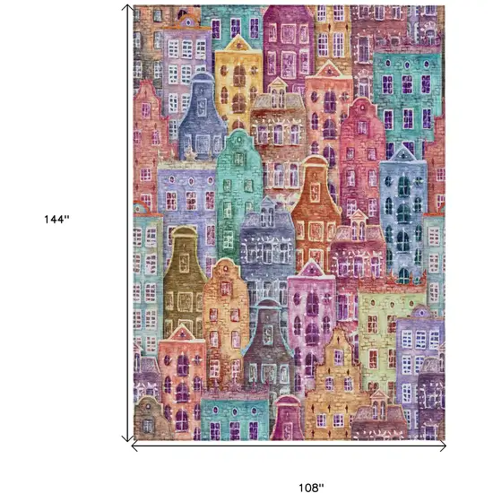 Red Gold And Teal Blue Village Houses Washable Indoor Outdoor Area Rug Photo 3