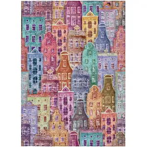 Photo of Red Gold And Teal Blue Village Houses Washable Indoor Outdoor Area Rug