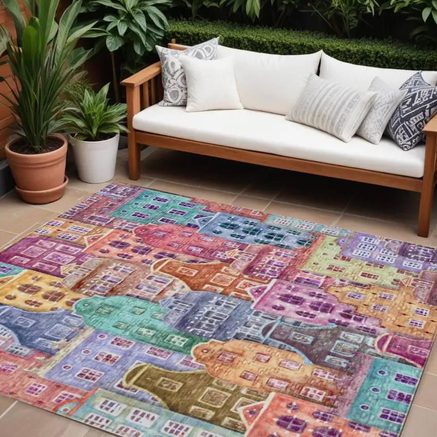 Red Gold And Teal Blue Village Houses Washable Indoor Outdoor Area Rug Photo 1