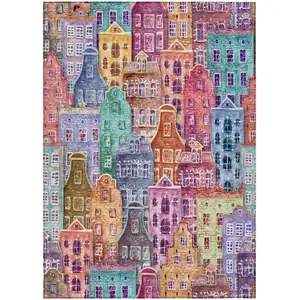 Photo of Red Gold And Teal Blue Village Houses Washable Indoor Outdoor Area Rug