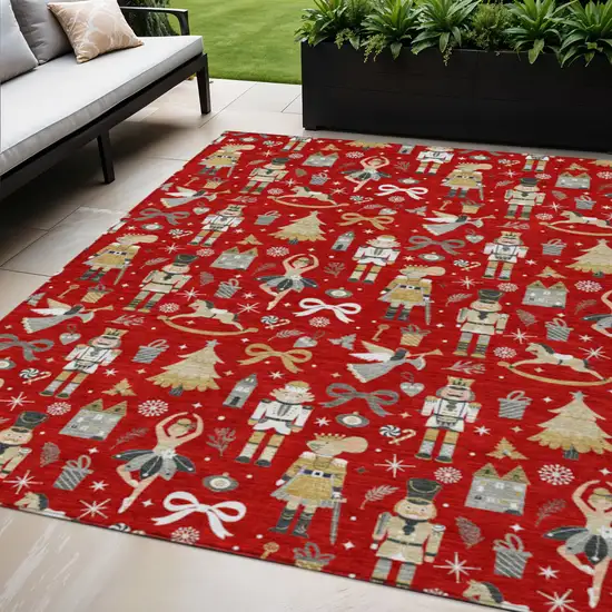 Red Gold Black And Gray Village Houses Washable Indoor Outdoor Area Rug Photo 2