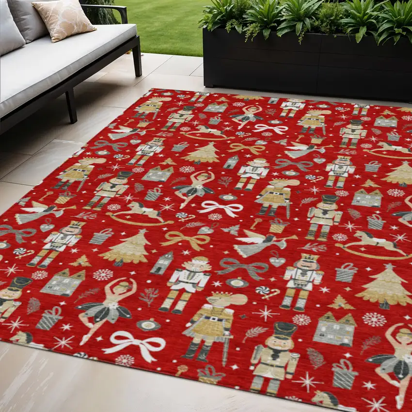 Red Gold Black And Gray Village Houses Washable Indoor Outdoor Area Rug Photo 2