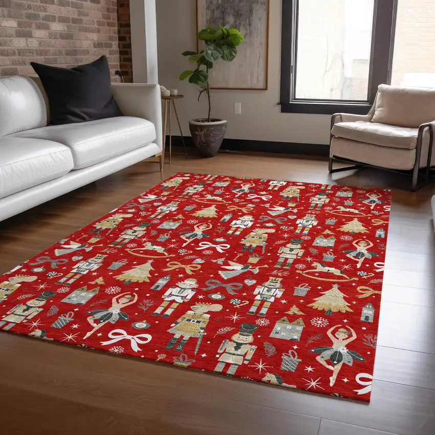 Red Gold Black And Gray Village Houses Washable Indoor Outdoor Area Rug Photo 6