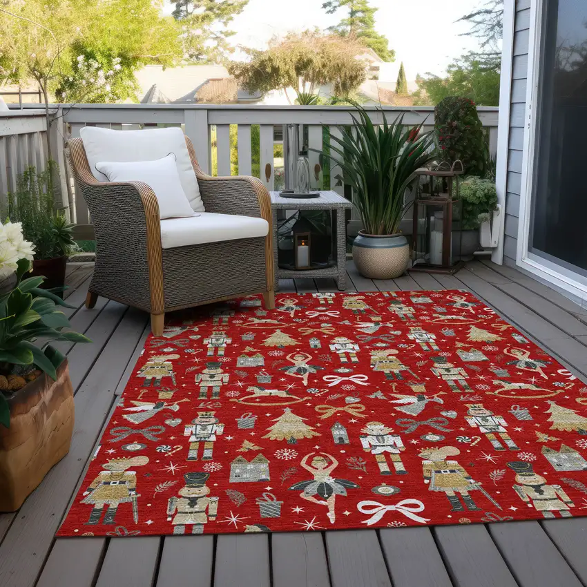 Red Gold Black And Gray Village Houses Washable Indoor Outdoor Area Rug Photo 8