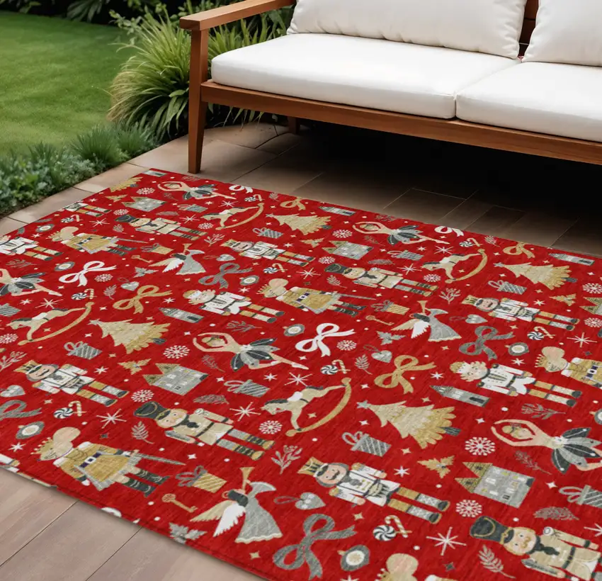 Red Gold Black And Gray Village Houses Washable Indoor Outdoor Area Rug Photo 2