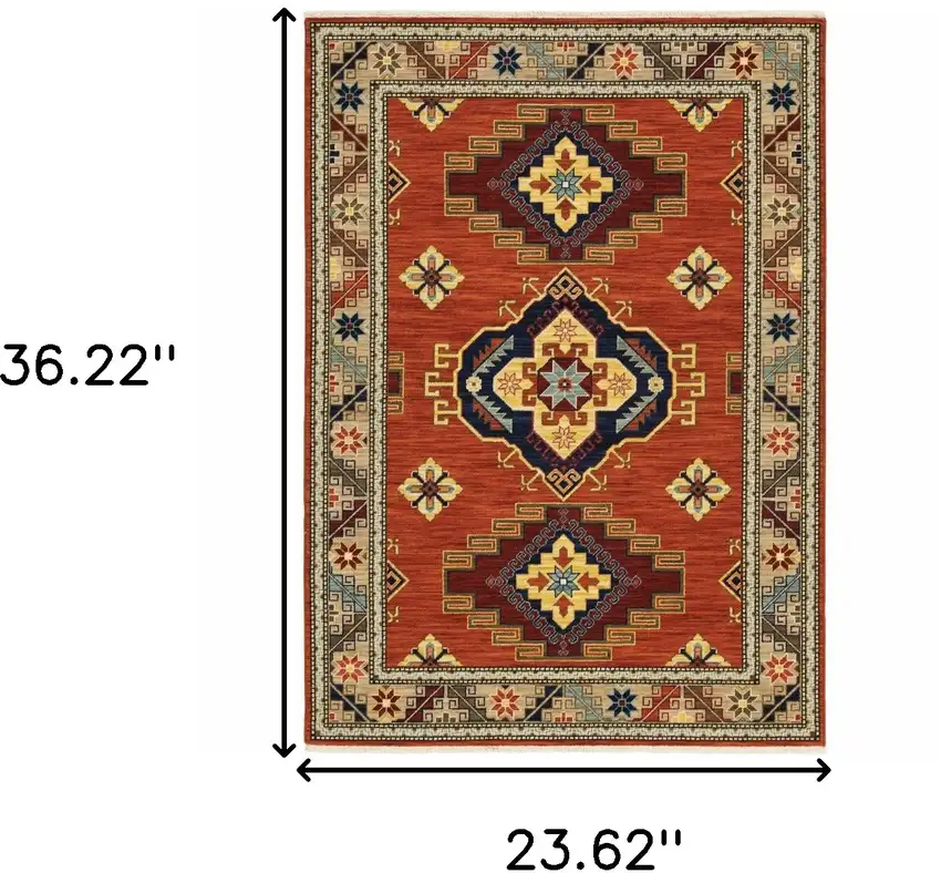 Red Gold Blue Brown Oriental Power Loom Stain Resistant Area Rug With Fringe Photo 8
