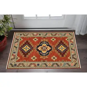 Photo of Red Gold Blue Brown Oriental Power Loom Stain Resistant Area Rug With Fringe