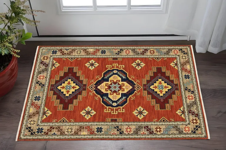 Red Gold Blue Brown Oriental Power Loom Stain Resistant Area Rug With Fringe Photo 1