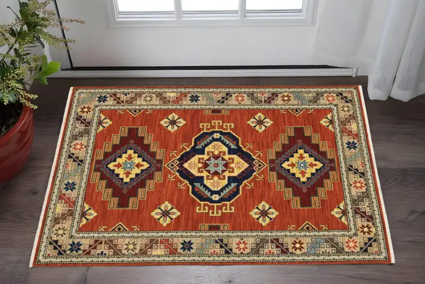 Red Blue and White Oriental Power Loom Area Rug Photo 1