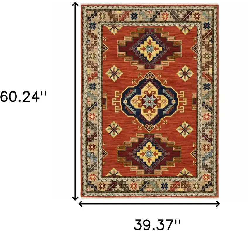 Red Gold Blue Brown Oriental Power Loom Stain Resistant Area Rug With Fringe Photo 8