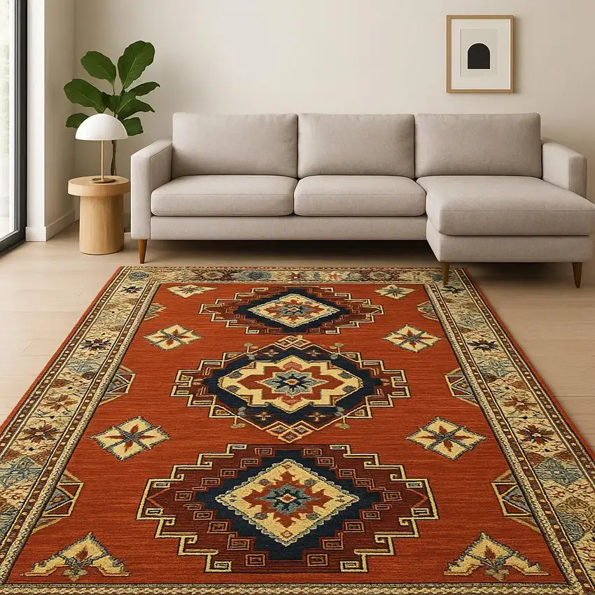 6' X 9' Red Gold Blue Brown Oriental Power Loom Stain Resistant Area Rug With Fringe Photo 1