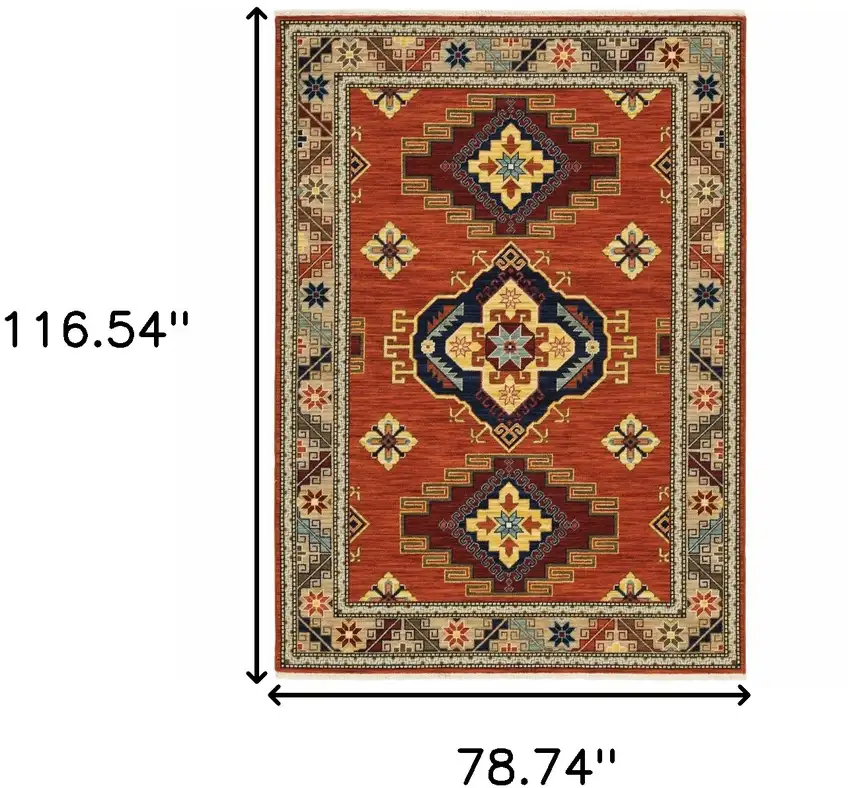 Red Gold Blue Brown Oriental Power Loom Stain Resistant Area Rug With Fringe Photo 8