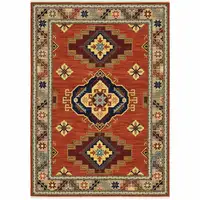 Photo of Red Gold Blue Brown Oriental Power Loom Stain Resistant Area Rug With Fringe