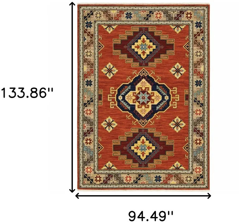 Red Gold Blue Brown Oriental Power Loom Stain Resistant Area Rug With Fringe Photo 3