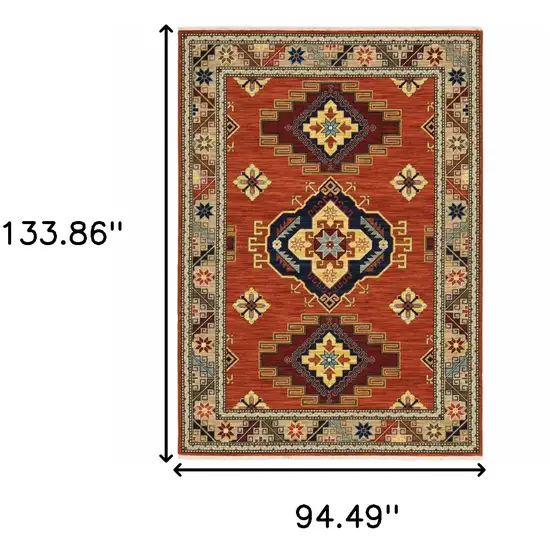 Red Gold Blue Brown Oriental Power Loom Stain Resistant Area Rug With Fringe Photo 3