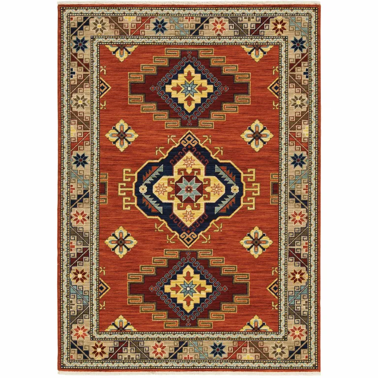 Red Gold Blue Brown Oriental Power Loom Stain Resistant Area Rug With Fringe Photo 2