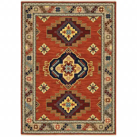 Red Gold Blue Brown Oriental Power Loom Stain Resistant Area Rug With Fringe Photo 2