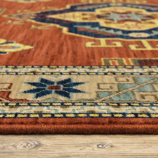 Red Gold Blue Brown Oriental Power Loom Stain Resistant Area Rug With Fringe Photo 4