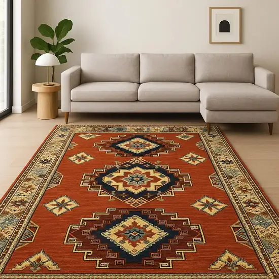 Red Gold Blue Brown Oriental Power Loom Stain Resistant Area Rug With Fringe Photo 1