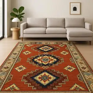 Photo of Red Gold Blue Brown Oriental Power Loom Stain Resistant Area Rug With Fringe
