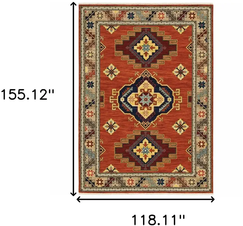 Red Gold Blue Brown Oriental Power Loom Stain Resistant Area Rug With Fringe Photo 8