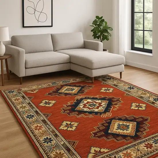 Red Gold Blue Brown Oriental Power Loom Stain Resistant Area Rug With Fringe Photo 2