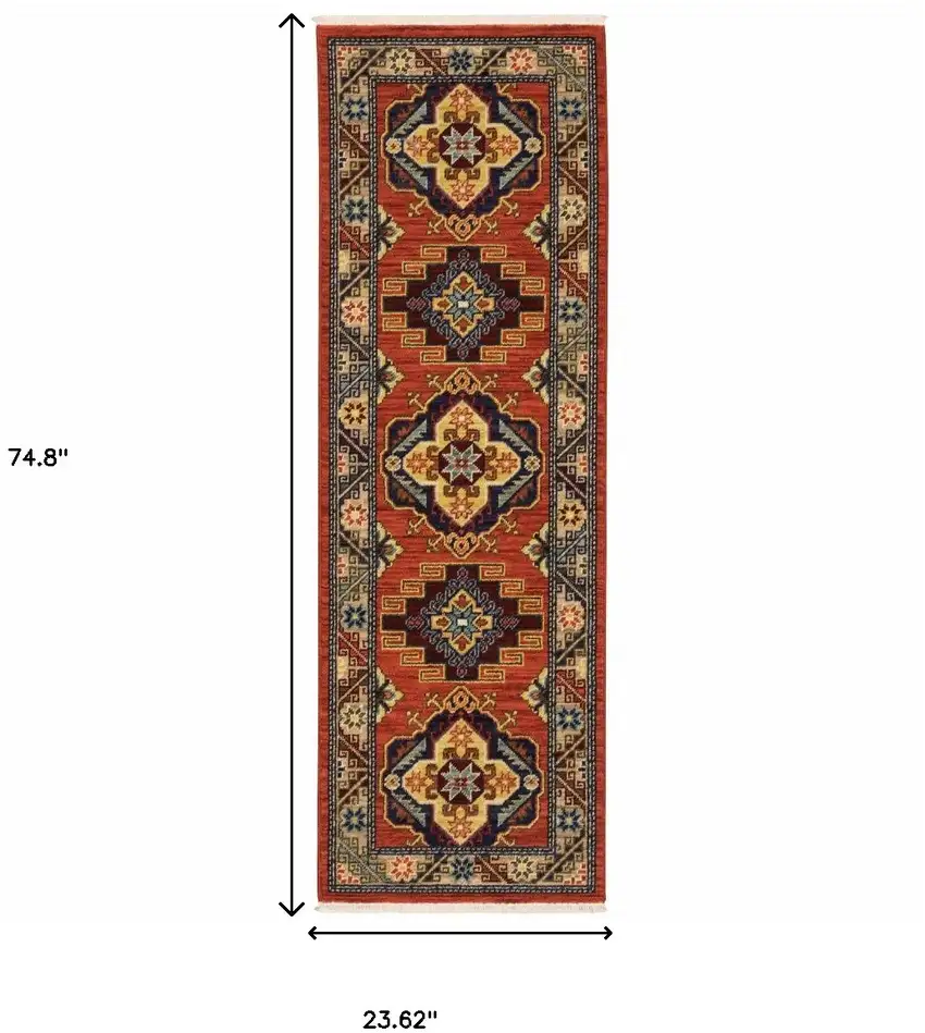 Red Gold Blue Brown Oriental Power Loom Stain Resistant Runner Rug With Fringe Photo 7