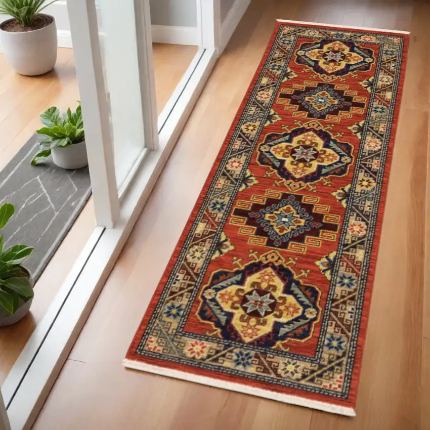 2' X 6' Red Gold Blue Brown Oriental Power Loom Stain Resistant Runner Rug With Fringe Photo 1