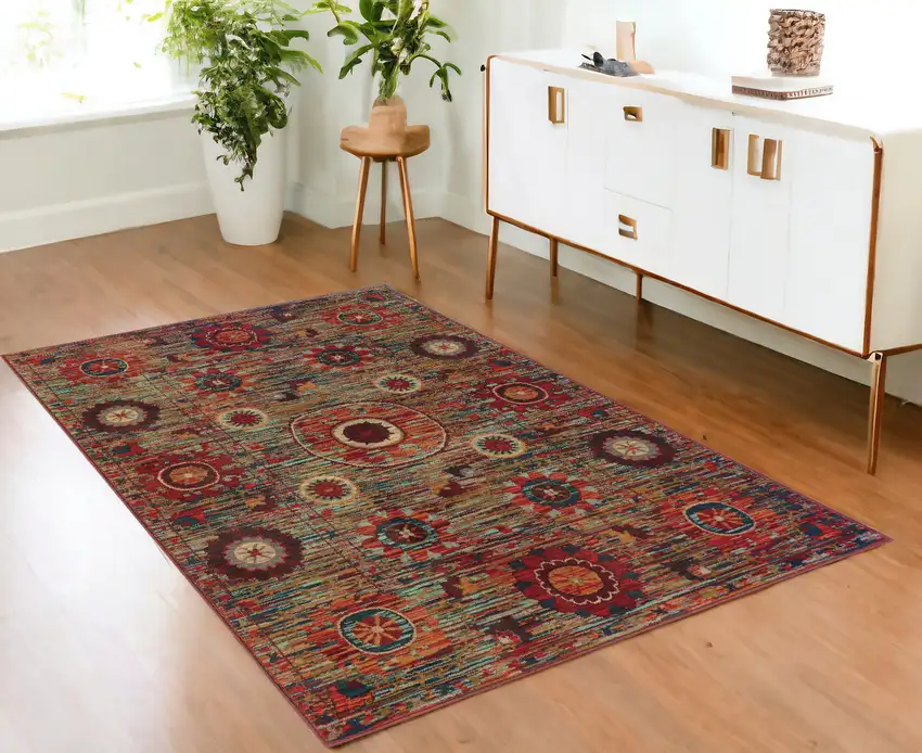 Red Gold Orange Green Ivory Rust And Blue Floral Power Loom Stain Resistant Area Rug Photo 1