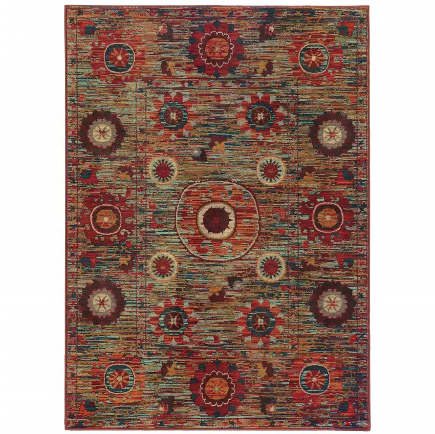 Red Gold Orange Green Ivory Rust And Blue Floral Power Loom Stain Resistant Area Rug Photo 1