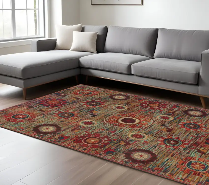 Red and Gold Floral Power Loom Area Rug Photo 1