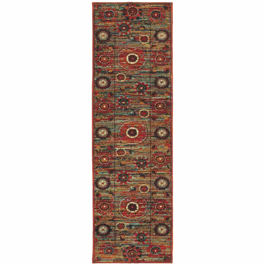 Red Gold Orange Green Ivory Rust And Blue Floral Power Loom Stain Resistant Runner Rug Photo 1