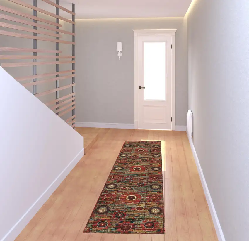 Red Gold Orange Green Ivory Rust And Blue Floral Power Loom Stain Resistant Runner Rug Photo 2
