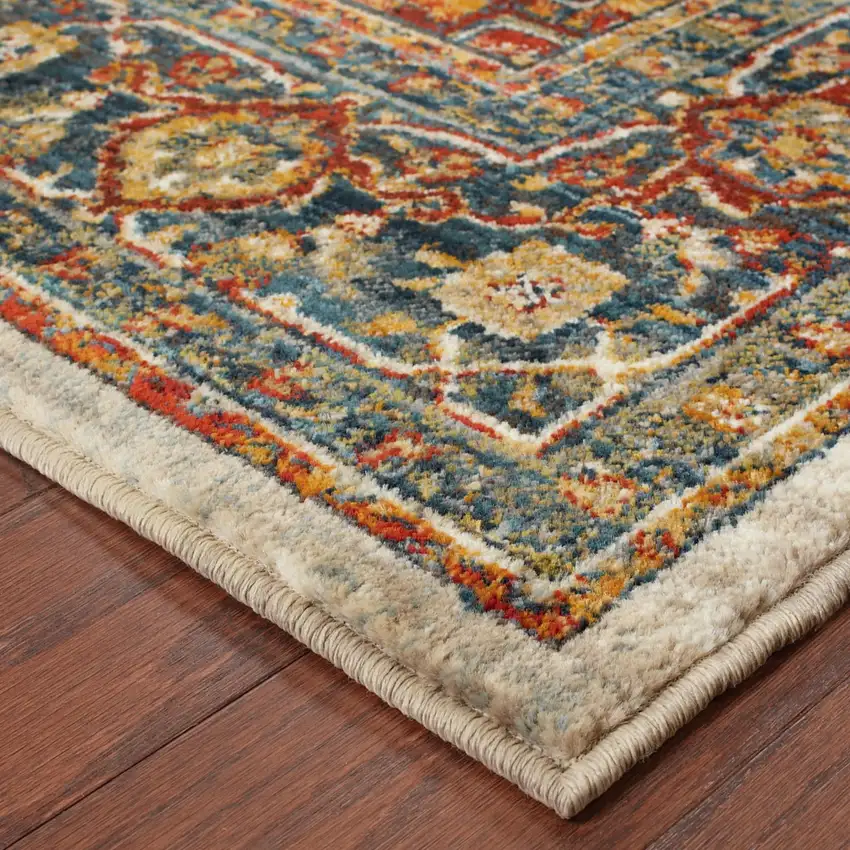 Red Gold Orange Green Ivory Rust And Blue Oriental Power Loom Stain Resistant Area Rug Photo 4