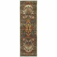 Photo of Red Gold Orange Green Ivory Rust And Blue Oriental Power Loom Stain Resistant Runner Rug