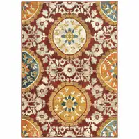 Photo of Red Gold Teal Grey Ivory And Blue Oriental Power Loom Stain Resistant Area Rug